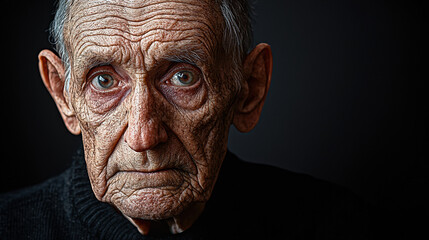 A close-up portrait reveals the deeply lined face of an elderly man with expressive eyes conveying a sense of age, wisdom, and perhaps a hint of sadness or contemplation against a