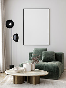 Frame mockup, ISO A paper size. Living room wall poster mockup. Interior mockup with house background. Modern interior design. 3D render

