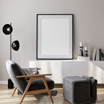 Frame mockup, ISO A paper size. Living room wall poster mockup. Interior mockup with house background. Modern interior design. 3D render
