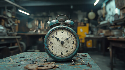 A vintage teal alarm clock sits on a weathered workbench in a dimly lit antique repair shop filled with various tools and parts.