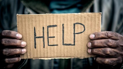Close up of hands holding cardboard sign with word HELP, conveying heartfelt plea and urgent message for compassion.