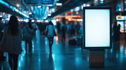 Fototapeta premium A bustling scene capturing people walking through a lively, illuminated space, highlighting a blank advertising display in the foreground.