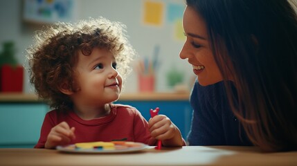 Special education teacher engages nonverbal child in picture exchange communication during National Autism Awareness Month