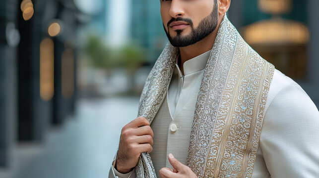 A handsome man with a beard models elegant cream and gold embroidered shawl and kurta in an urban setting.