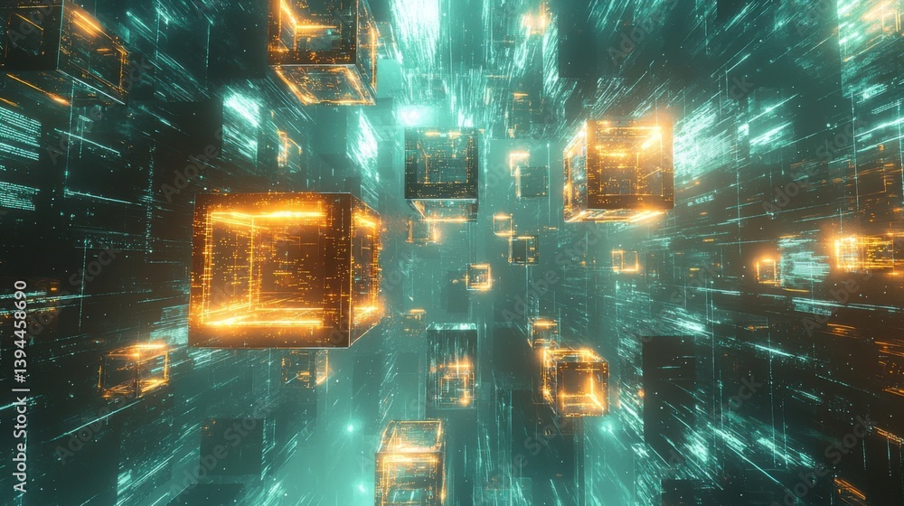 Poster a dynamic digital landscape featuring floating illuminated cubes and streams of data, evoking a sens