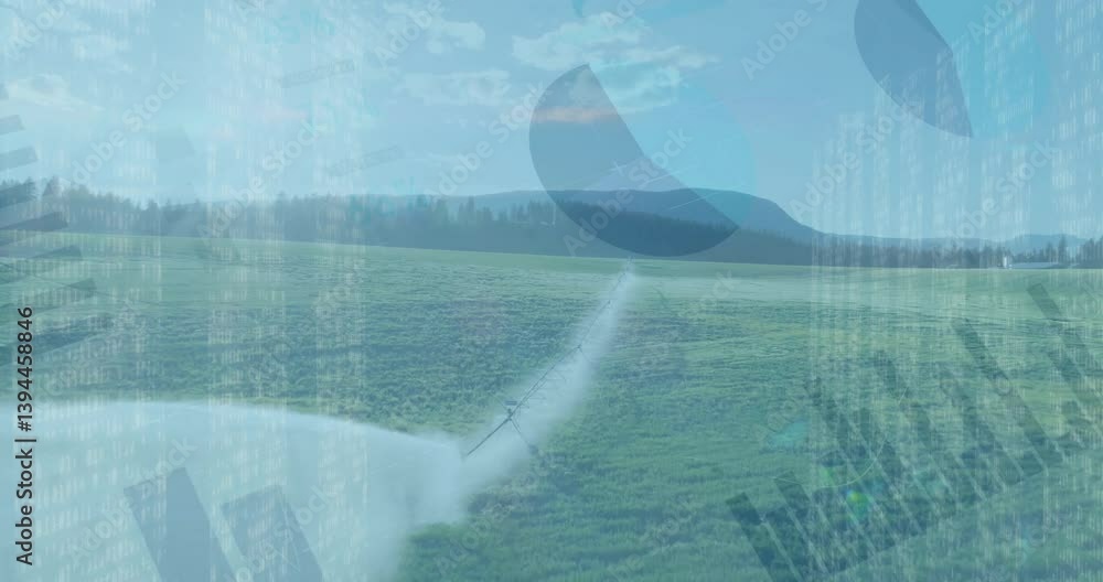 Poster drone spraying over green field with digital data overlay animation