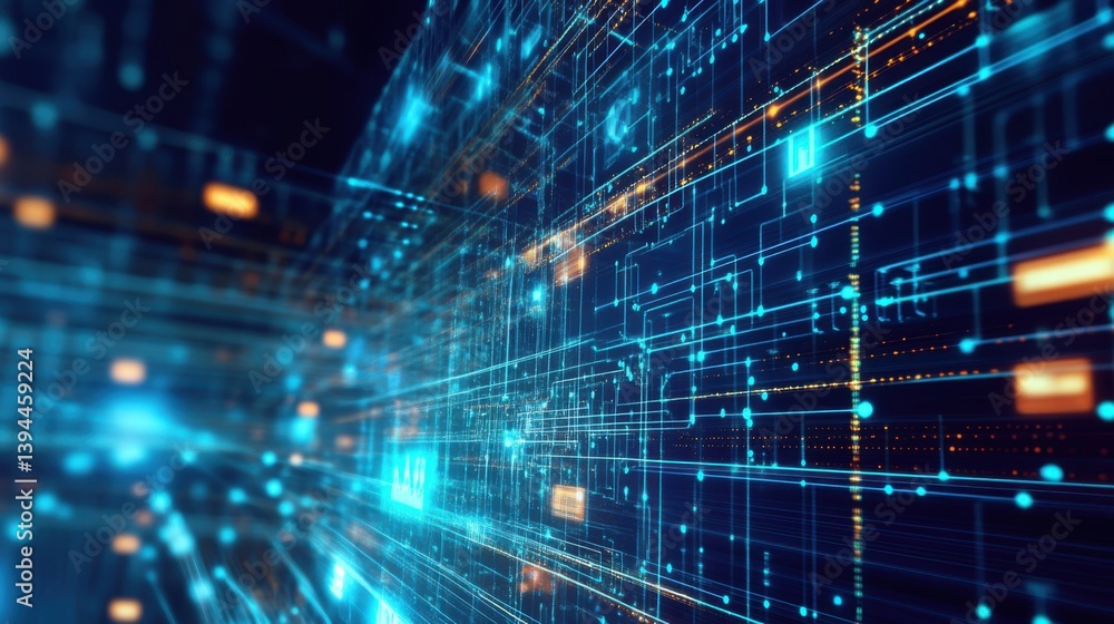 Poster a vibrant digital network of glowing lines and nodes, symbolizing advanced technology and data flow 