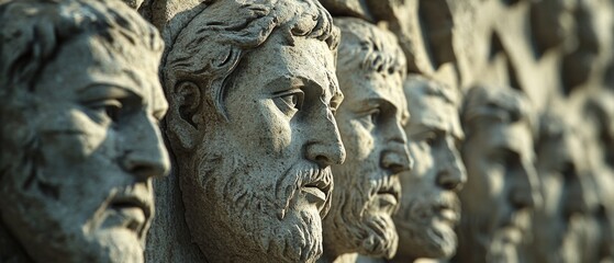 Obraz premium Stone faces of ancient philosophers line a wall, capturing stoic expressions and timeless wisdom in an intriguing historic ambiance.
