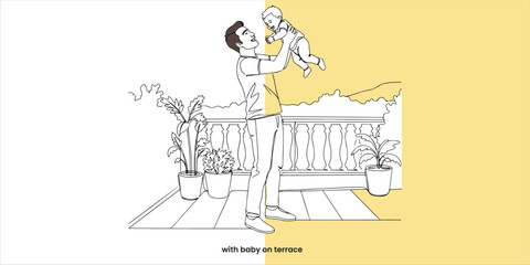 A father enjoys precious moments with his infant baby on the terrace, engaging in playful interactions filled with laughter and warmth. As they share this special time together, their bond grows.