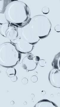 Transparent 3D molecules, liquid water drops, bubbles. Cosmetic products for skin care, hyaluronic. Abstract animation vertical video pattern. Healthcare and medicine designs concept,beauty