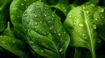 Fresh green spinach leaves with water drops 