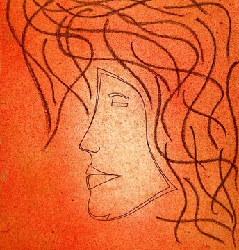 LANCELOT OU LE CHRIST ?... Dessin au Rotring, fusain, a&eacute;rographe, sur carton  : profil stylis&eacute; d'un visage, celui de Lancelot du Lac ou de J&eacute;sus-Christ, h&eacute;ros des mythologies arthurienne et chr&eacute;tienne