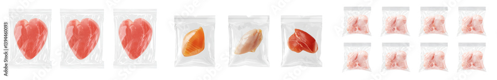 Poster Minimalist mockups of isolated packaged fish fillets showcasing various shapes and colors on a clean, white background