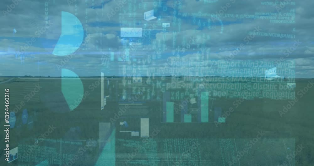 Poster animation overlaying data analytics graphics on vast green field under cloudy sky