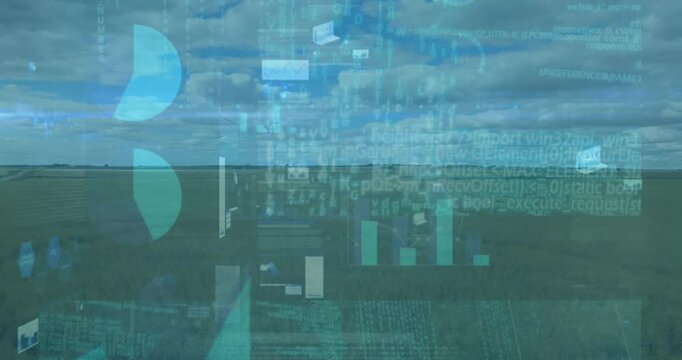 Animation overlaying data analytics graphics on vast green field under cloudy sky