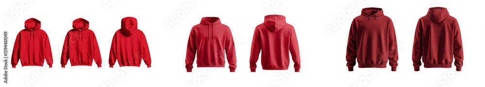 Poster Minimalist mockups featuring four views of a red hoodie in a clean, isolated layout against a white background