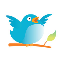 Blue Bird Singing on a Branch – Cartoon Vector Illustration