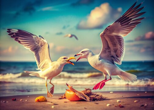 Coastal Clash Two Seagulls Locked in a Dramatic Food Fight a Timeless Scene of Avian Competition