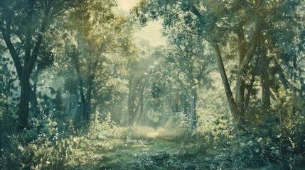 Obraz premium A peaceful forest scene with light filtering through the trees.