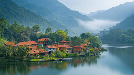 Fototapeta premium A picturesque village led beside a serene lake is surrounded by lush green mountains shrouded in a misty morning atmosphere creating a breathtaking tranquil scene.