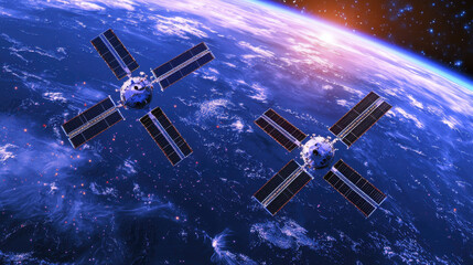 Obraz premium Space satellites orbiting Earth, showcasing advanced technology and beauty of our planet from above