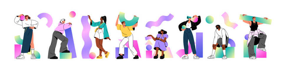Set of people in different poses with various gradient geometric shapes. Happy men and women stand, hold abstract forms. Diverse characters carry figures. Flat isolated vector illustrations on white
