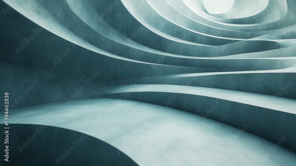 Poster a serene, abstract interior featuring smooth, flowing curves and soft lighting, creating a calming a