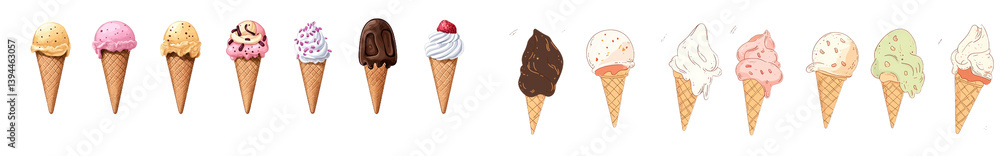 Poster minimalist mockups of ice cream cones displaying various flavors in a creative layout