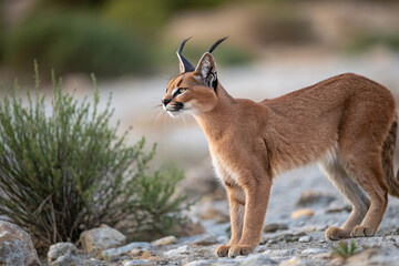 Obraz premium Slender caracal gazes toward horizon, reddish fur glowing in soft light, graceful posture among stones