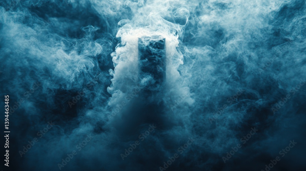 Poster a mysterious scene featuring a block partially obscured by swirling blue smoke, creating an ethereal