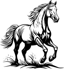 Powerful black and white vector illustration of a horse in full gallop, with flowing mane and tail, and dynamic grass details. Represents freedom, strength, and equestrian themes.