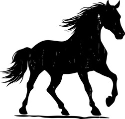 Powerful black and white vector illustration of a horse in full gallop, with flowing mane and tail, and dynamic grass details. Represents freedom, strength, and equestrian themes.
