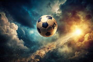 Fototapeta premium Vintage Soccer Ball Soaring Through the Air Against a Dramatic Dark Background A Timeless Image of Athleticism and