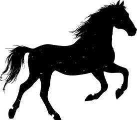 Powerful black and white vector illustration of a horse in full gallop, with flowing mane and tail, and dynamic grass details. Represents freedom, strength, and equestrian themes.