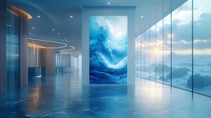 Modern office hallway with large art display