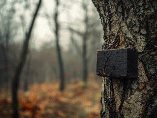 Fototapeta premium A weathered wooden marker is affixed to a tree trunk in a misty autumnal forest showcasing the beauty of nature's subtle details and the passage of time.