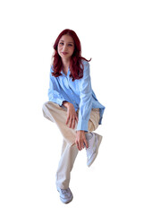 portrait of a beautiful teenage girl with red hair sitting  png, isolated,