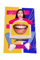 Vertical creative illustration photo collage of upset dissatisfied girl hold hands on monitor...
