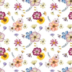 Floral seamless pattern with dried pressed flowers. Watercolor on white background