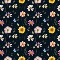 Floral seamless pattern with dried pressed flowers. Watercolor