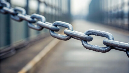 Naklejka premium Macro View of Metallic Chain Links with Blurred Background of an Urban Scene