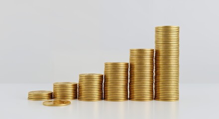 Stacks of gold coins ascending in size on a white background, concept for financial growth, investment, and wealth management
