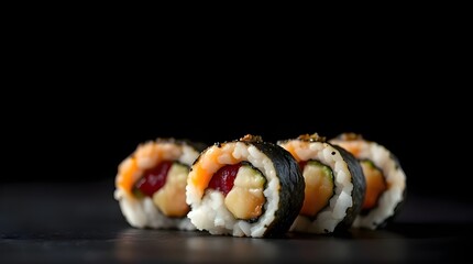 A photograph of Japanese sushi with an intense jet black blurred bokeh effect, sharp subject focus, a soft background, pure black, and deep shadows 