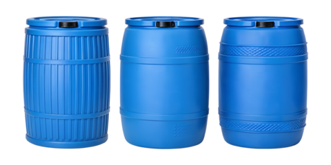 Three Styles of Plastic Blue Barrels on White, Durable, Storage, Industrial Containers, Cut Out