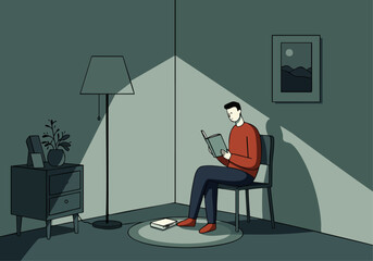 A man sits reading in a cozy, softly lit corner. Simple, modern interior with a lamp, plant, and artwork creates a peaceful, relaxing atmosphere. Ideal for lifestyle and reading concepts.