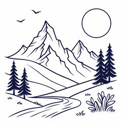 Winter Mountain Landscape Minimal Line Art Mountains with Full Moon – Clean and Stylish Nature Vector Design