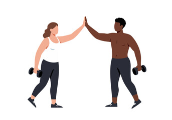 Two fitness friends high-five after a workout. They're holding dumbbells, showcasing a healthy lifestyle and teamwork. Clean, modern style.