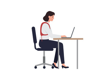 A woman sits at a desk, using a laptop while wearing a posture corrector. Focused and professional, she demonstrates ergonomic workspace habits. Clean, modern style.