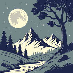 Obraz premium Winter Landscape With Mountains Nighttime in the Mountains Under a Glowing Moon – Serene Moonlit Landscape Vector Art