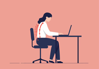 Woman with dark hair slumps forward at a desk, highlighting poor posture while using a laptop. Illustrates ergonomic issues and back pain.